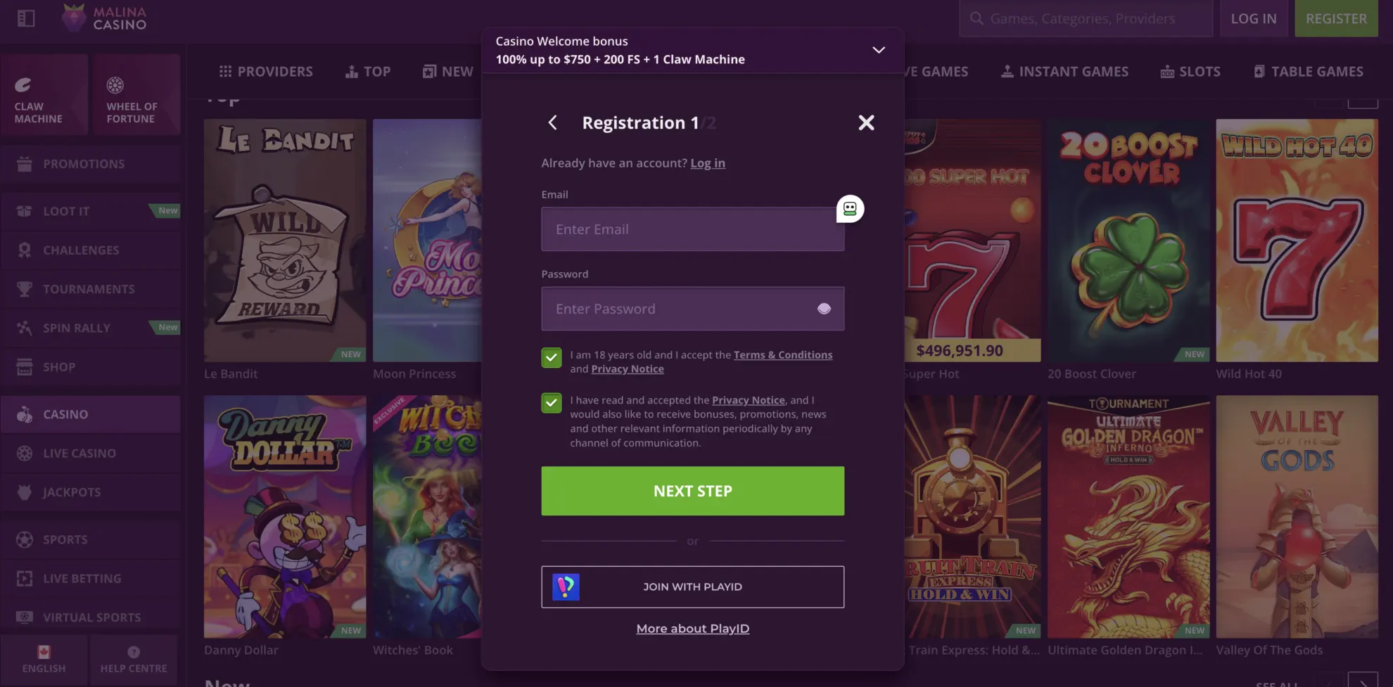 Malina Casino registration form example