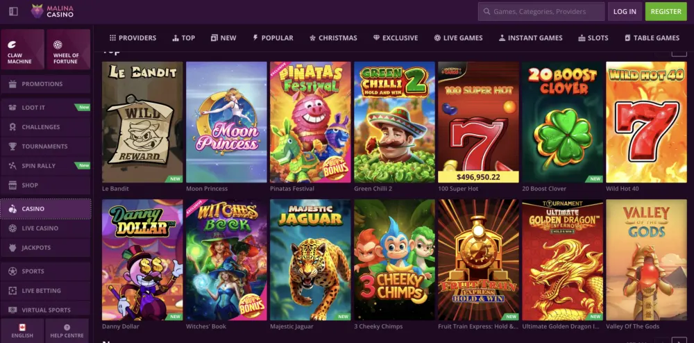 Malina Casino main  page